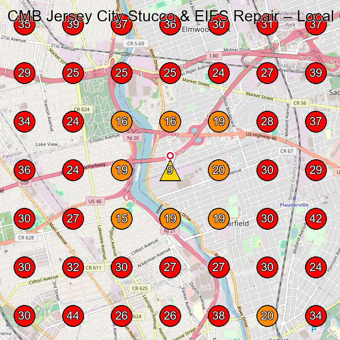 CMB Jersey City Stucco & EIFS Repair GeoGrid visibility map for Masonry Contractor in Clifton